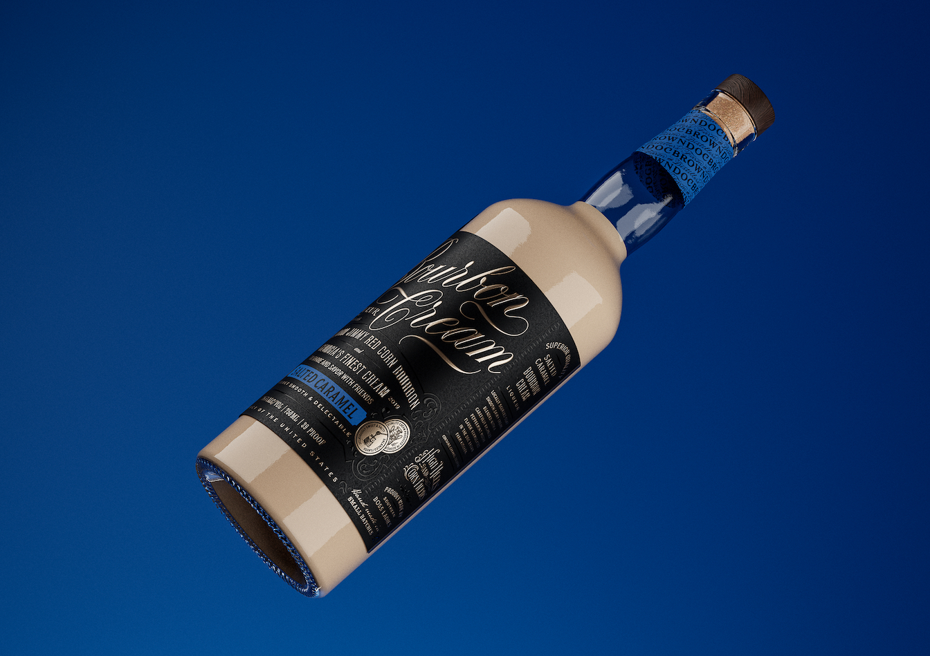 Doc Brown Farm and Distillers Salted Caramel Bourbon Cream bottle blue background