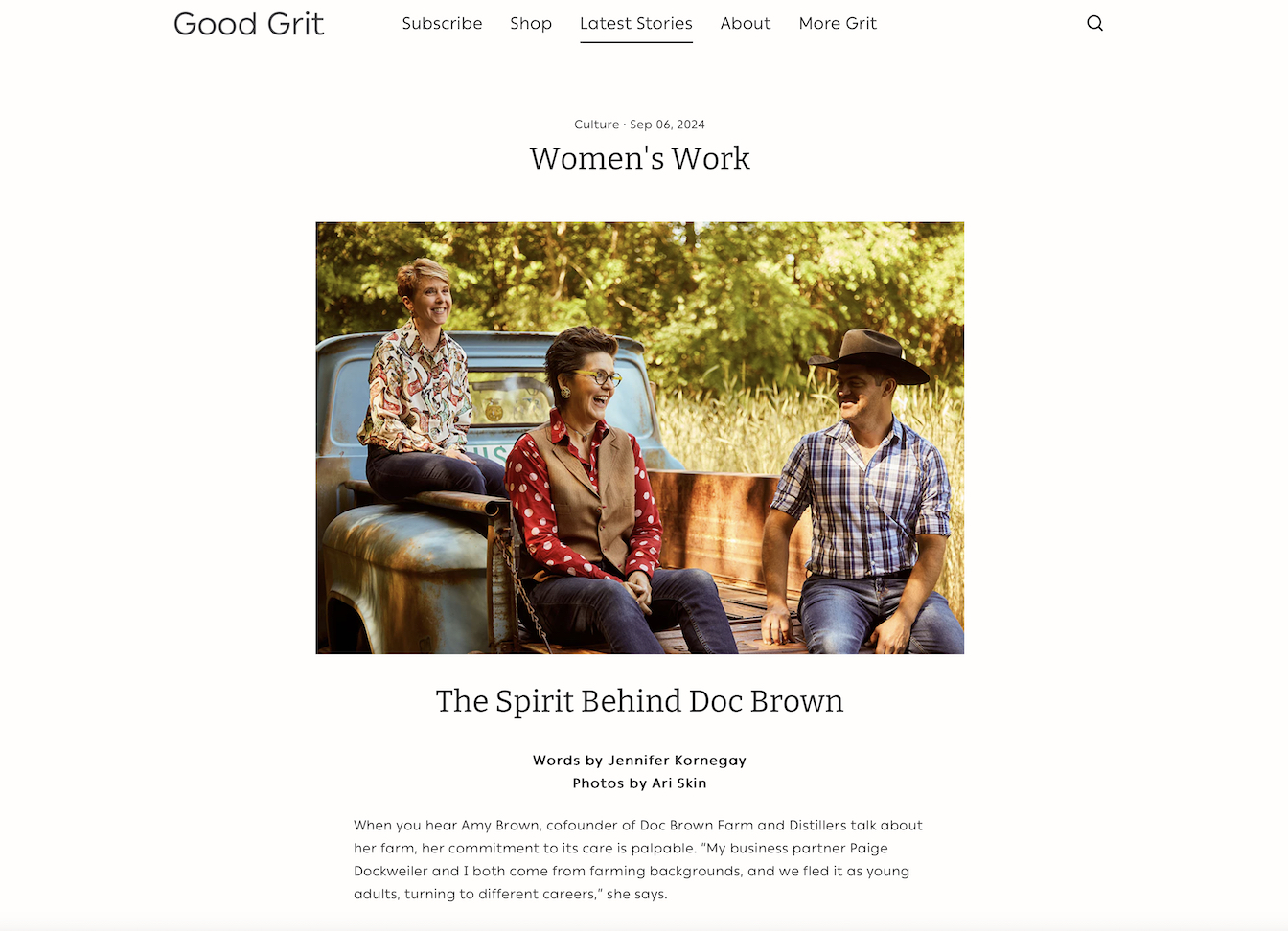 Good Grit article about Doc Brown Farm and Distillers screenshot