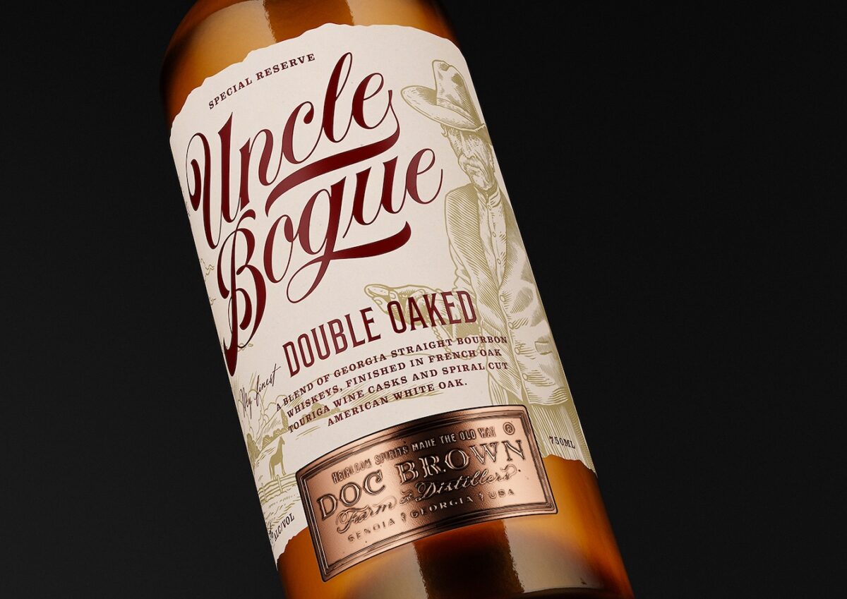 Uncle Bogue Special Reserve Double Oaked Touriga-aged bourbon bottle from Doc Brown Farm